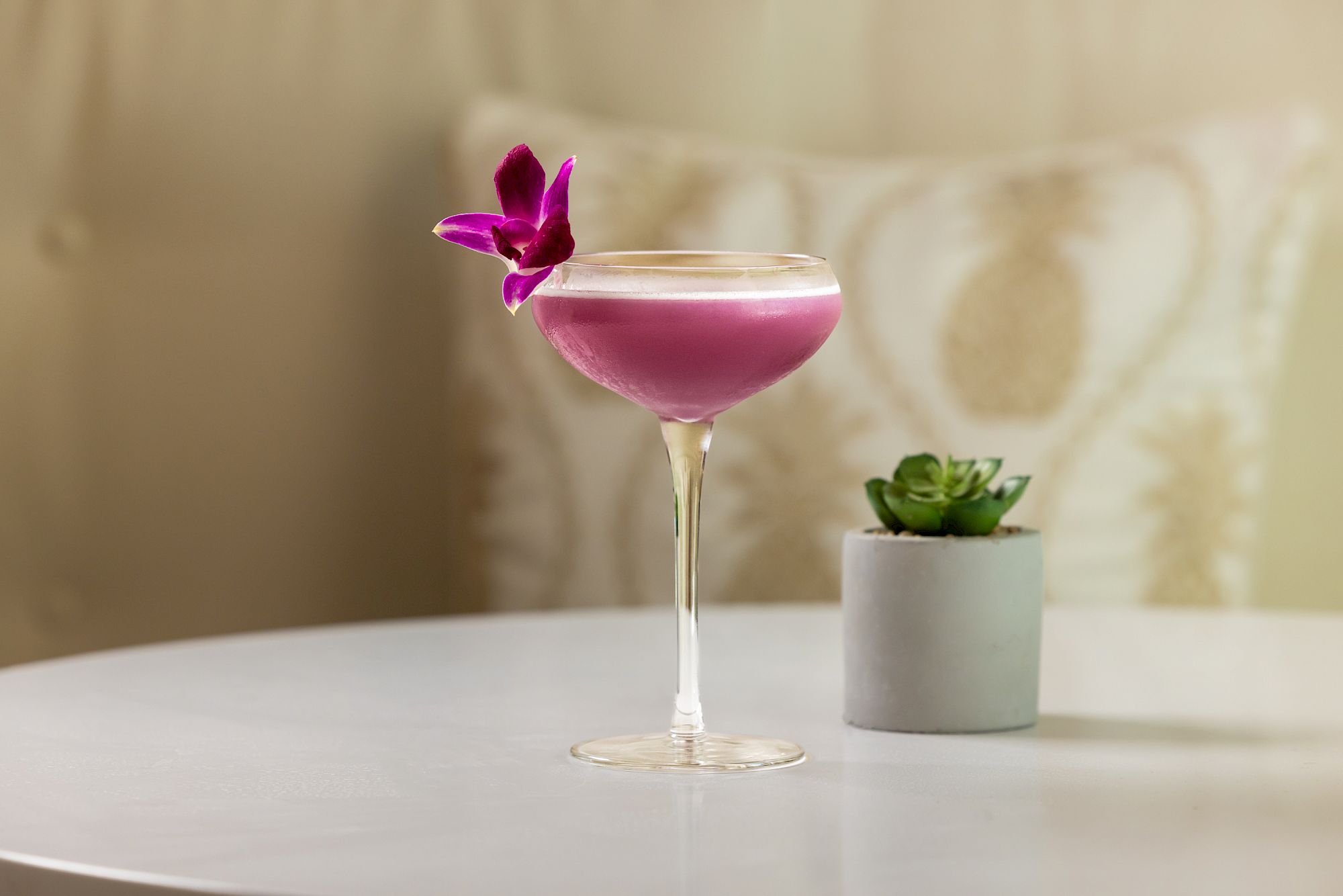A pink cocktail in a wine glass topped with a vivid purple orchid bloom, with a small green succulent in the background.